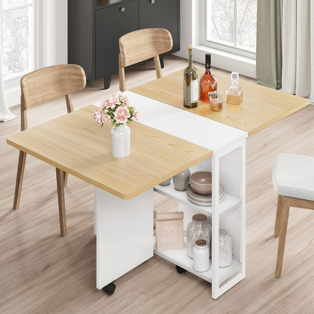 Tavolo da pranzo pieghevole Garvee in stile rustico, allungabile, in legno di pero, per piccoli spazi, con ripiano a 2 livelli e 6 file