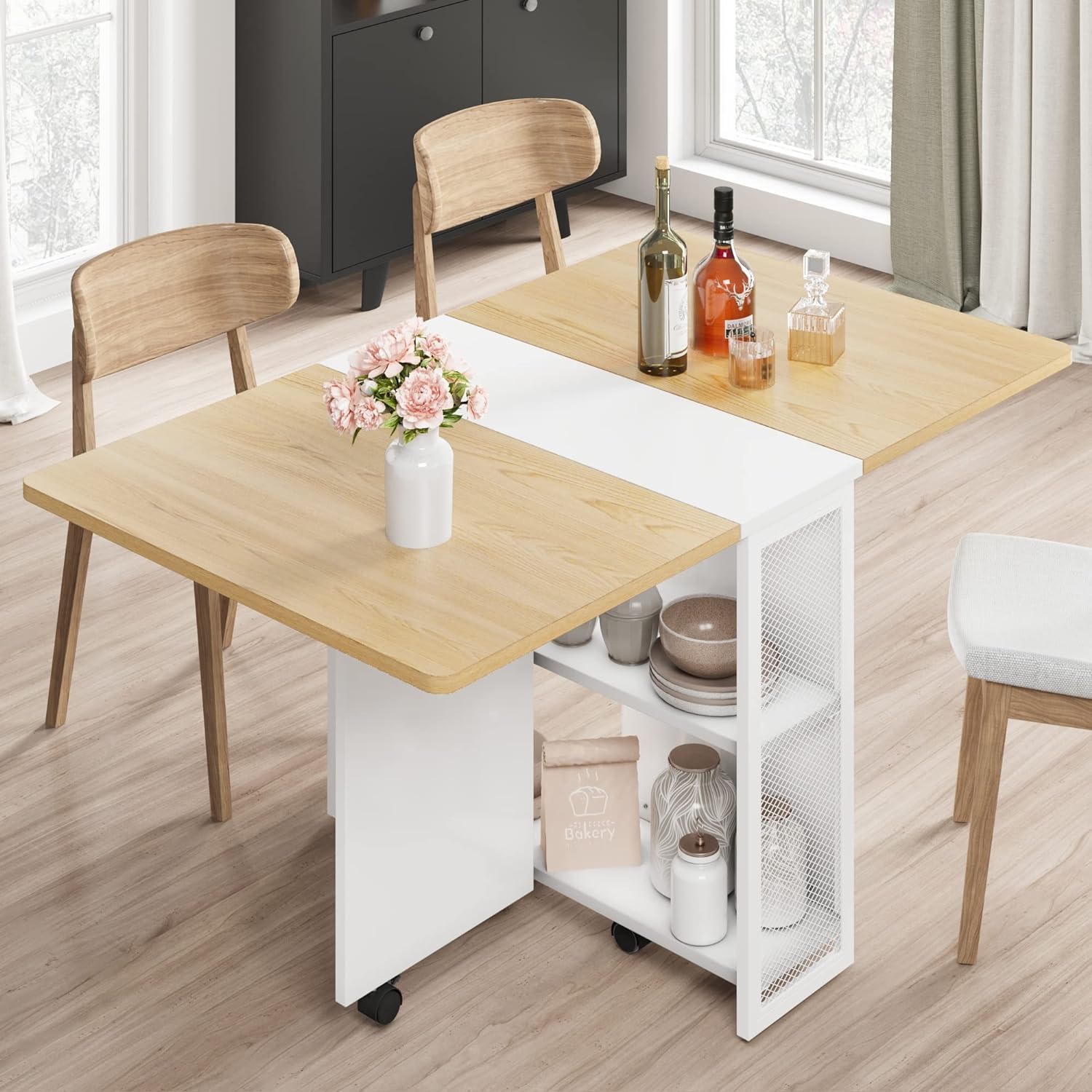 Tavolo da pranzo pieghevole Garvee in stile rustico, allungabile, in legno di pero, per piccoli spazi, con ripiano a 2 livelli e 6 file