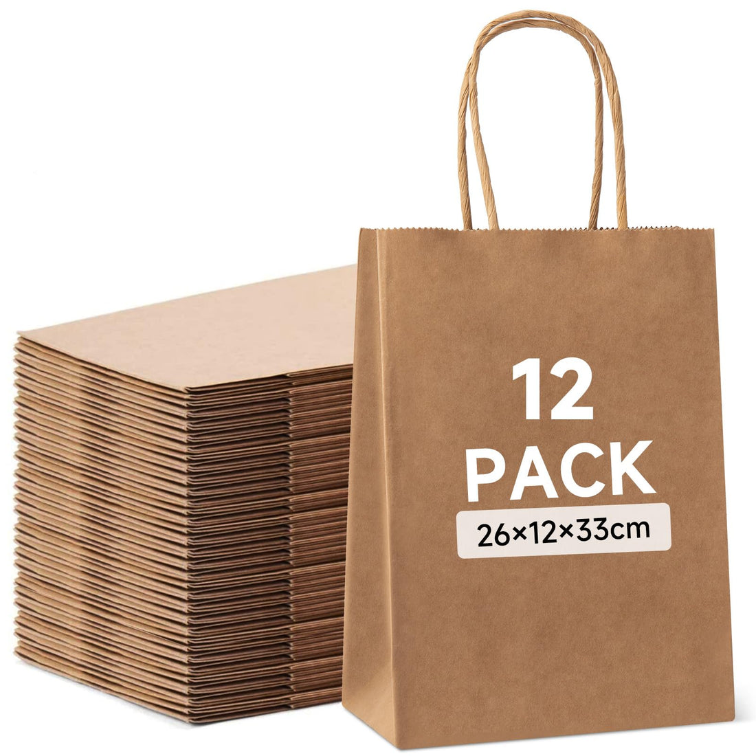 Sacchetti di carta kraft Garvee con manici, 12 pezzi, 26x12x33 cm, marrone, per shopping, matrimoni, imballaggi fai da te