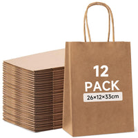 Sacchetti di carta kraft Garvee con manici, 12 pezzi, 26x12x33 cm, marrone, per shopping, matrimoni, imballaggi fai da te