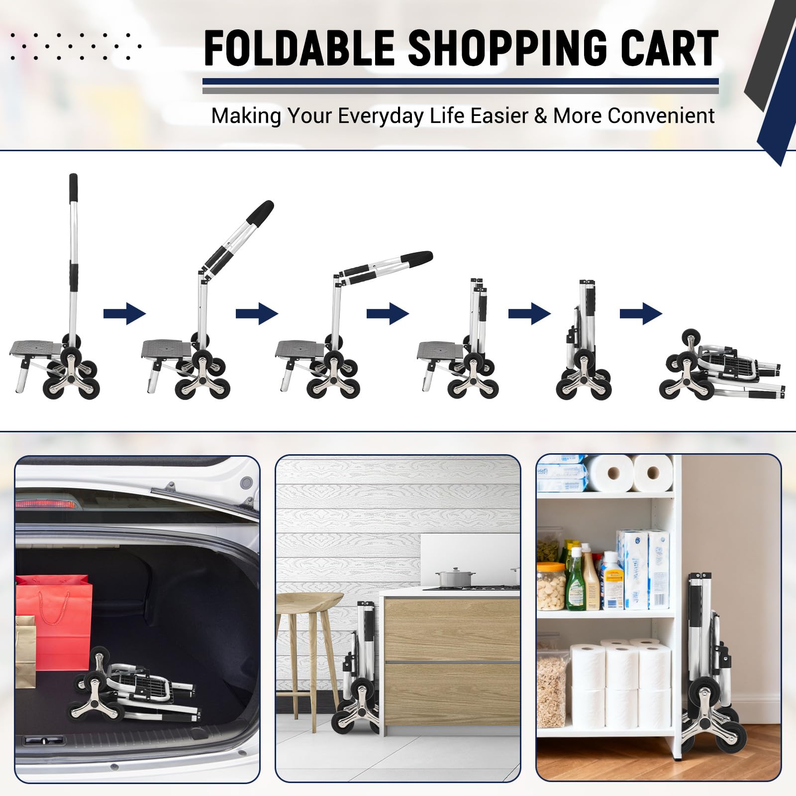 Carrello della spesa pieghevole 3 in 1 Garvee con saliscale a 6 ruote, borsa in tessuto Oxford da 36 litri, leggero ed ergonomico, per la spesa e il giardino, capacità di carico di 176 libbre, nero