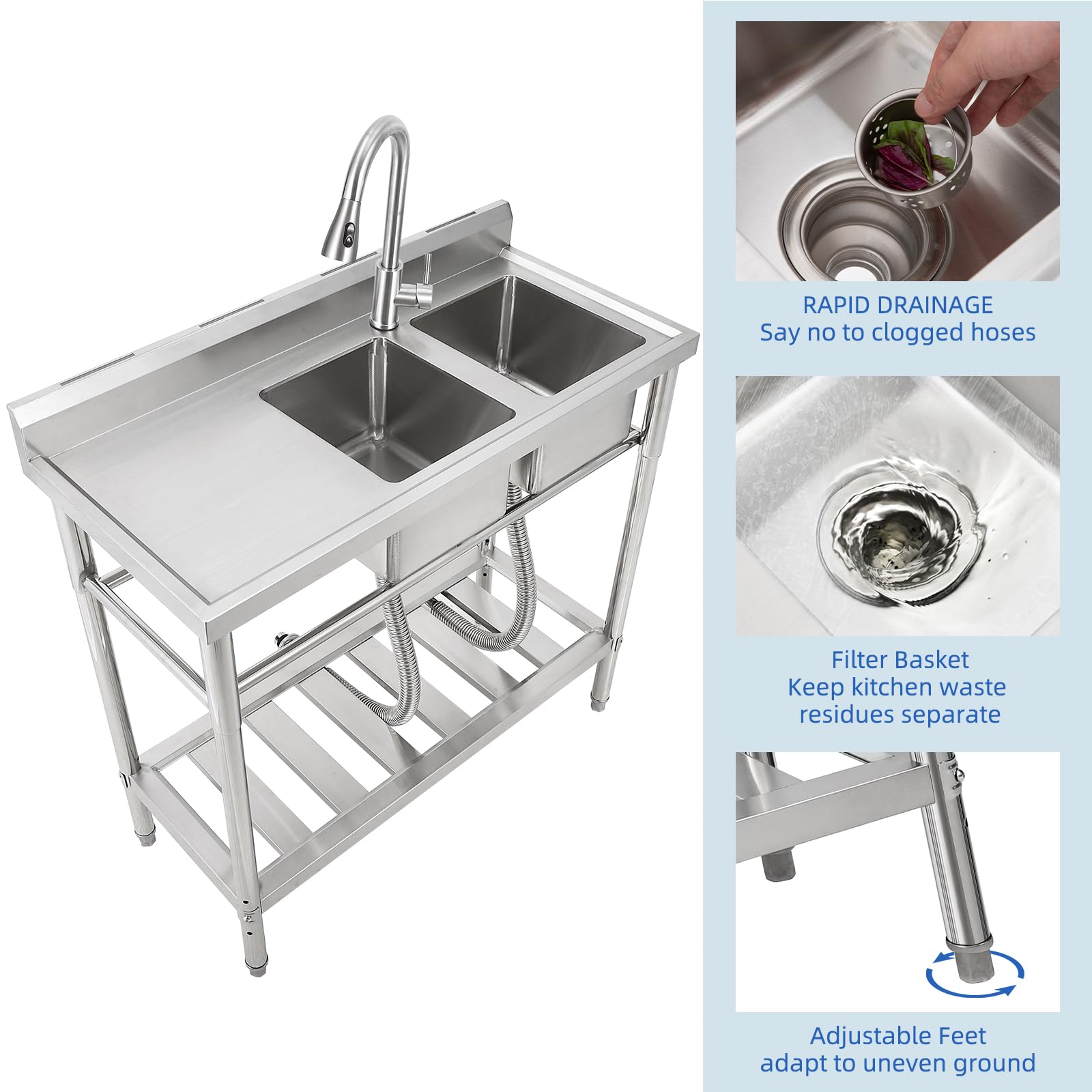 Lavello Commerciale Indipendente Garvee Fatturabile, 2 Vasche + Scolapiatti, Acciaio Inox, Rubinetto Girevole 360°, 105.6 x 51.0 x 37.0 cm , Argento per Ristoranti e Garage