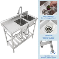 Lavello Commerciale Indipendente Garvee Fatturabile, 2 Vasche + Scolapiatti, Acciaio Inox, Rubinetto Girevole 360°, 105.6 x 51.0 x 37.0 cm , Argento per Ristoranti e Garage