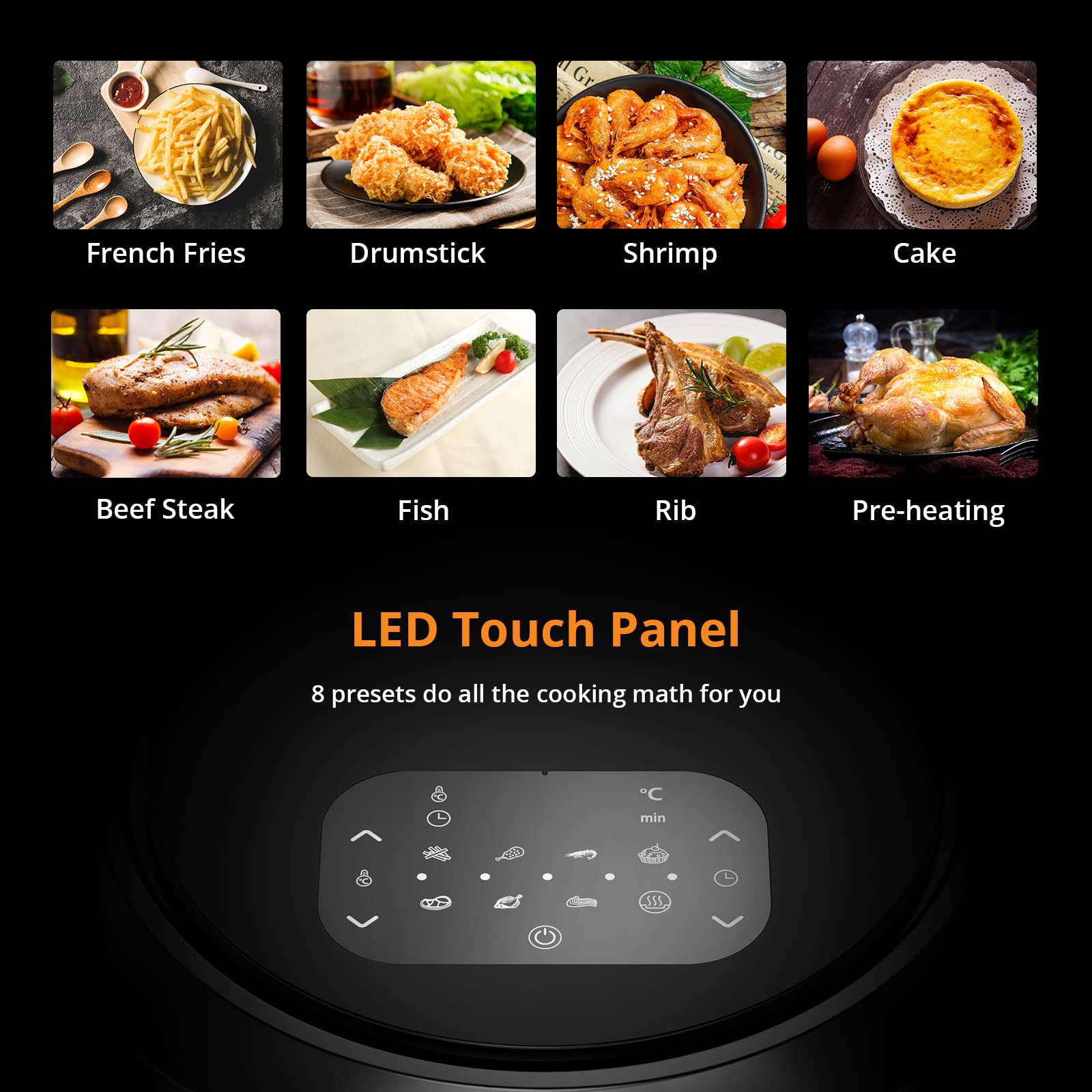 Friggitrice ad aria calda GARVEE da 8 litri Friggitrice ad aria senza olio Risparmio energetico 1800 W Frittura senza olio 8 programmi Display digitale Funzione di spegnimento automatico Risultati croccanti Lavabile in lavastoviglie