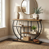 Garvee Tavolo da Ingresso Rustico 99 cm con Ripiani, Telaio Geometrico in Metallo, Legno Ingranato, Perfetto per Appartamenti, Spazi Ristretti, Marrone
