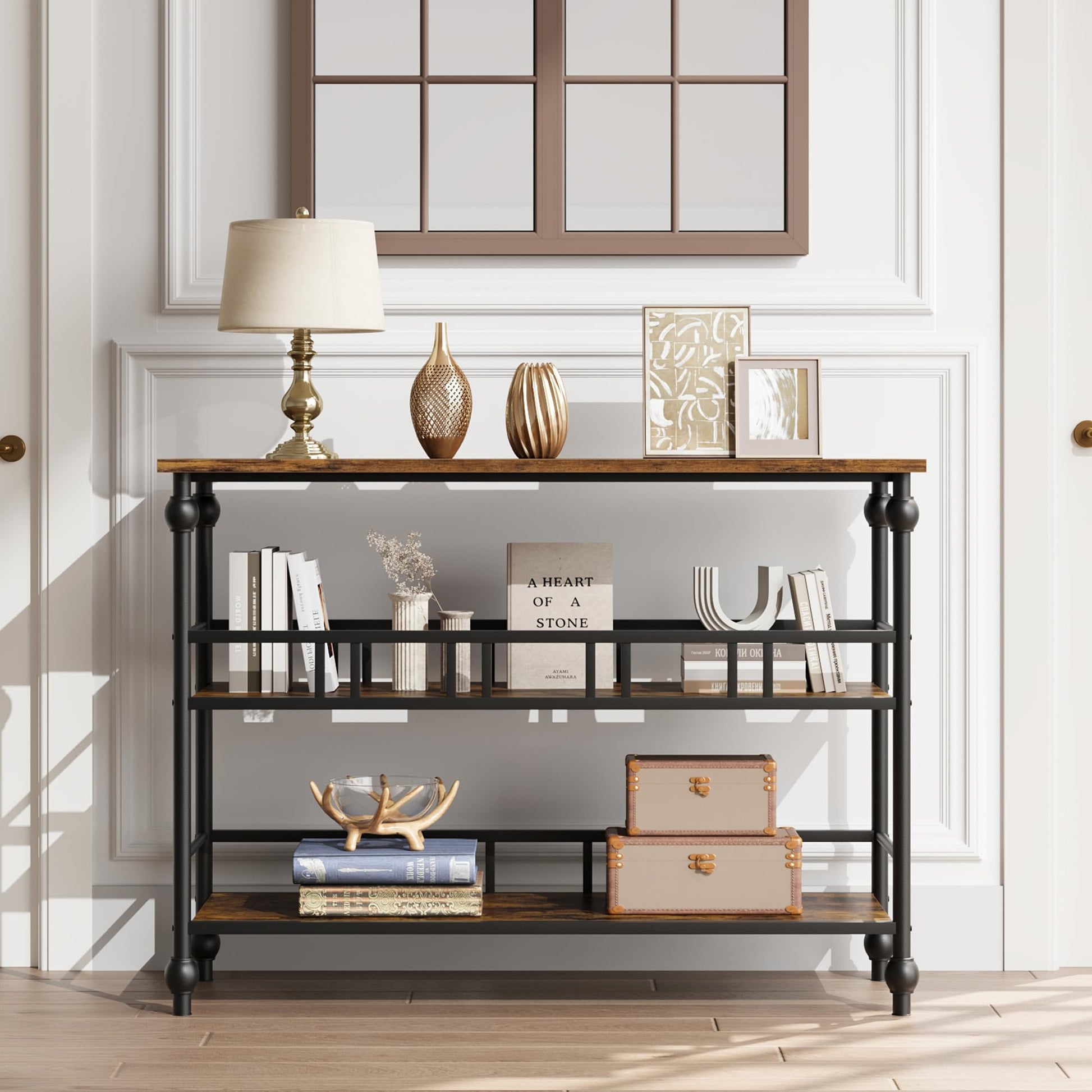 Tavolo consolle Garvee a 3 ripiani stretto da 43" dietro il divano in stile industriale in MDF e metallo robusto con spazio di archiviazione per soggiorno e corridoio