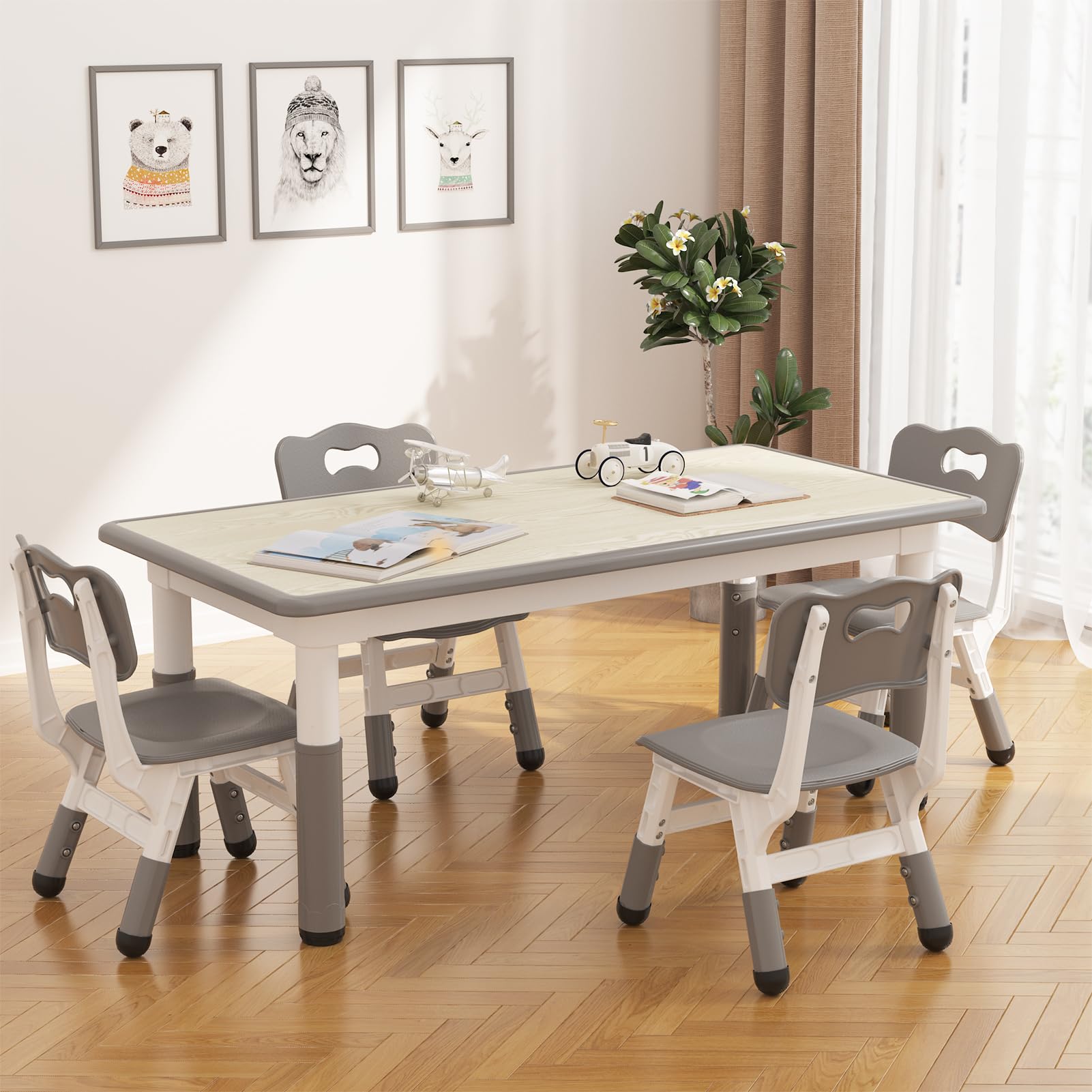 Set tavolo e 4 sedie per bambini Garvee, altezza regolabile con piano del tavolo decorato con graffiti, gambe antiscivolo per casa e asilo