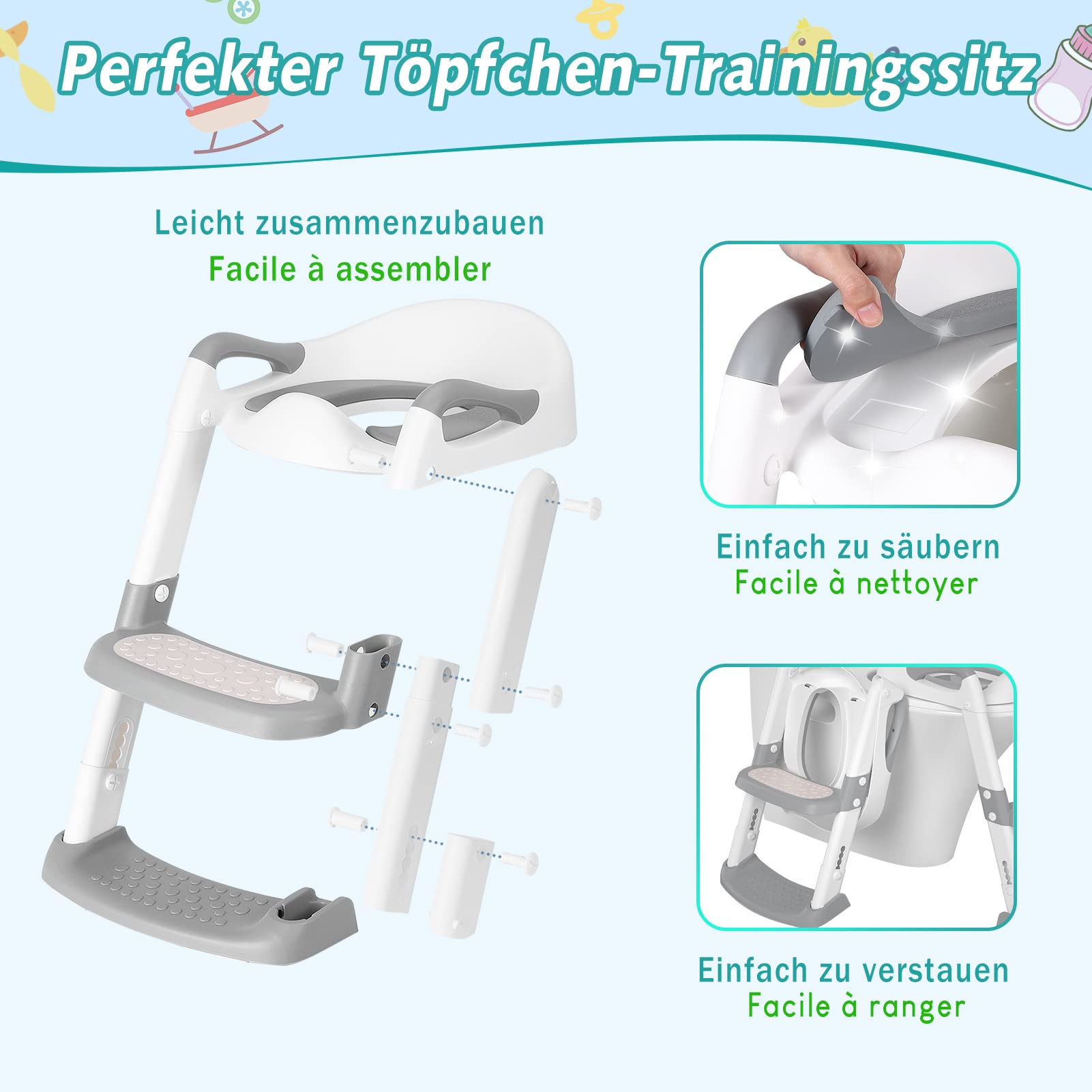 Sedile WC per bambini Garvee con gradini, altezza regolabile, pieghevole, imbottito in PU, antiscivolo, per bambini e bambine, bianco