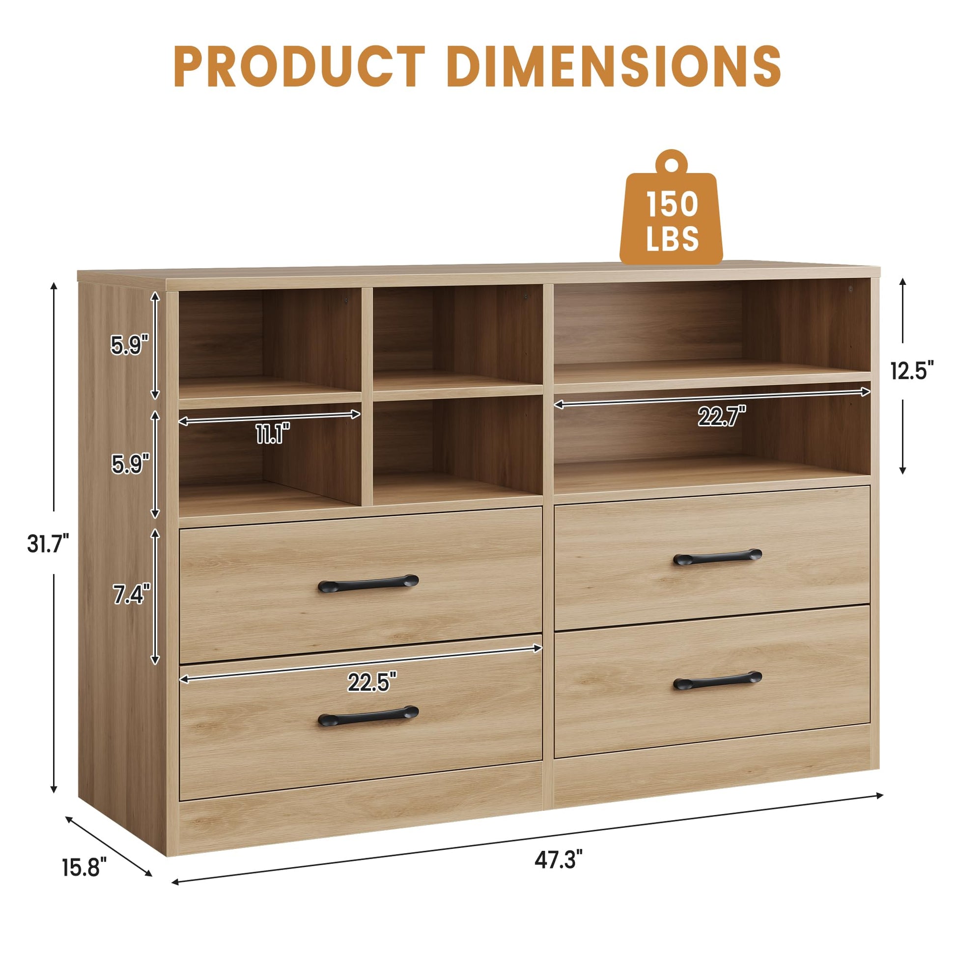Cassettiera Garvee a 4 cassetti con 6 scomparti aperti, ripiani regolabili, legno MDF, mobile TV moderno per camera da letto e soggiorno, rovere, 47,24"L x 31,69"A