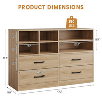Cassettiera Garvee a 4 cassetti con 6 scomparti aperti, ripiani regolabili, legno MDF, mobile TV moderno per camera da letto e soggiorno, rovere, 47,24"L x 31,69"A