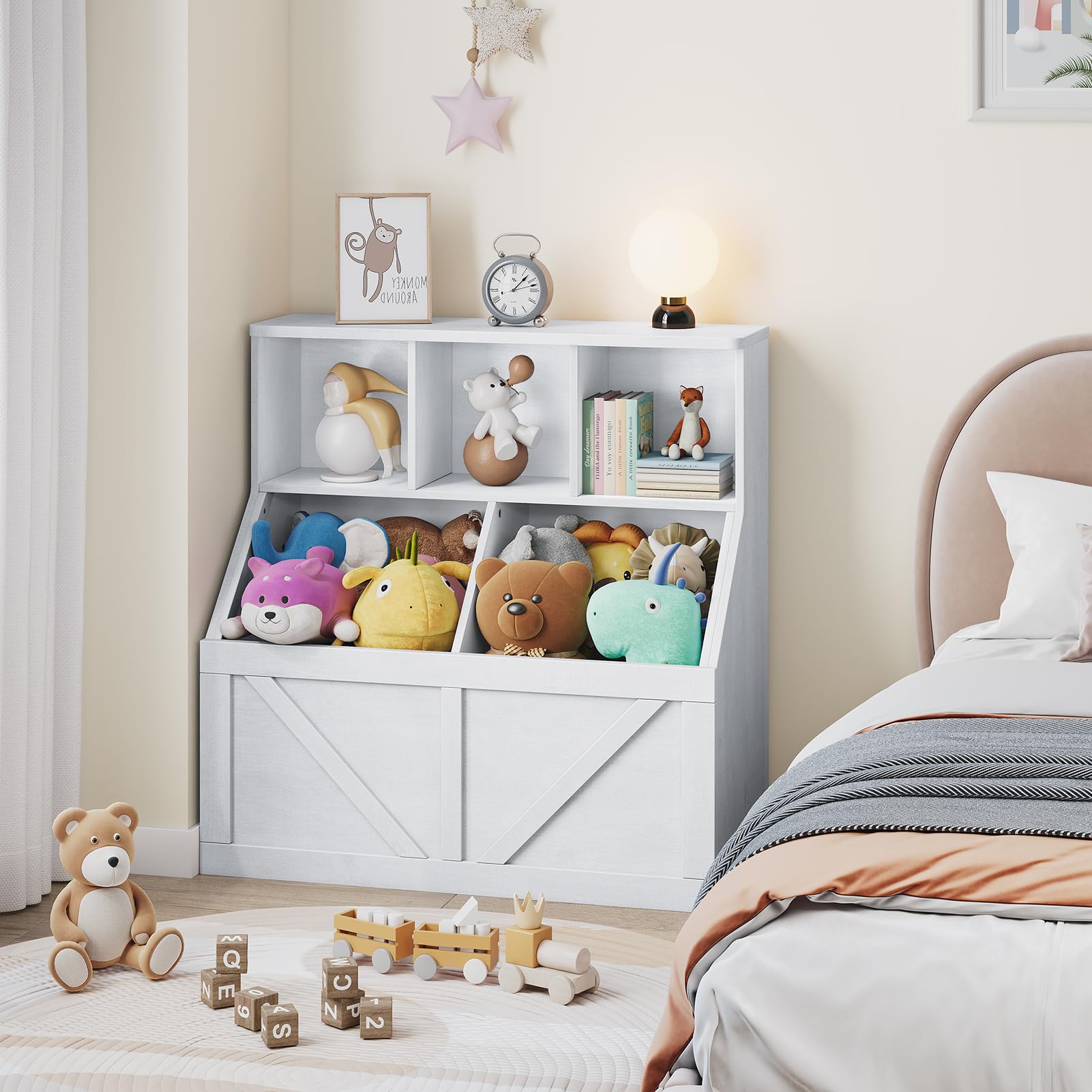 Libreria per bambini e contenitore per giocattoli Garvee, multifunzionale, stabile, in MDF e truciolato, per sala giochi, cameretta dei bambini, 35,4" bianco