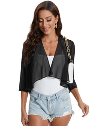 Garvee Bolero estivo da donna in chiffon festivo con maniche a 3/4, cardigan corto ed elegante, leggero, con spalle sottili, giacca bolero, top nero XL