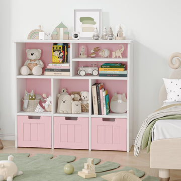 Libreria portaoggetti per bambini Garvee con 3 cassetti, ruote, MDF, rosa, per camera da letto e sala giochi, versatile, sicura
