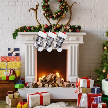 Garvee Set di 3 calze natalizie a quadri Buffalo da 20" con risvolto in peluche per camino e albero di Natale, grandi, a quadri bianchi e neri