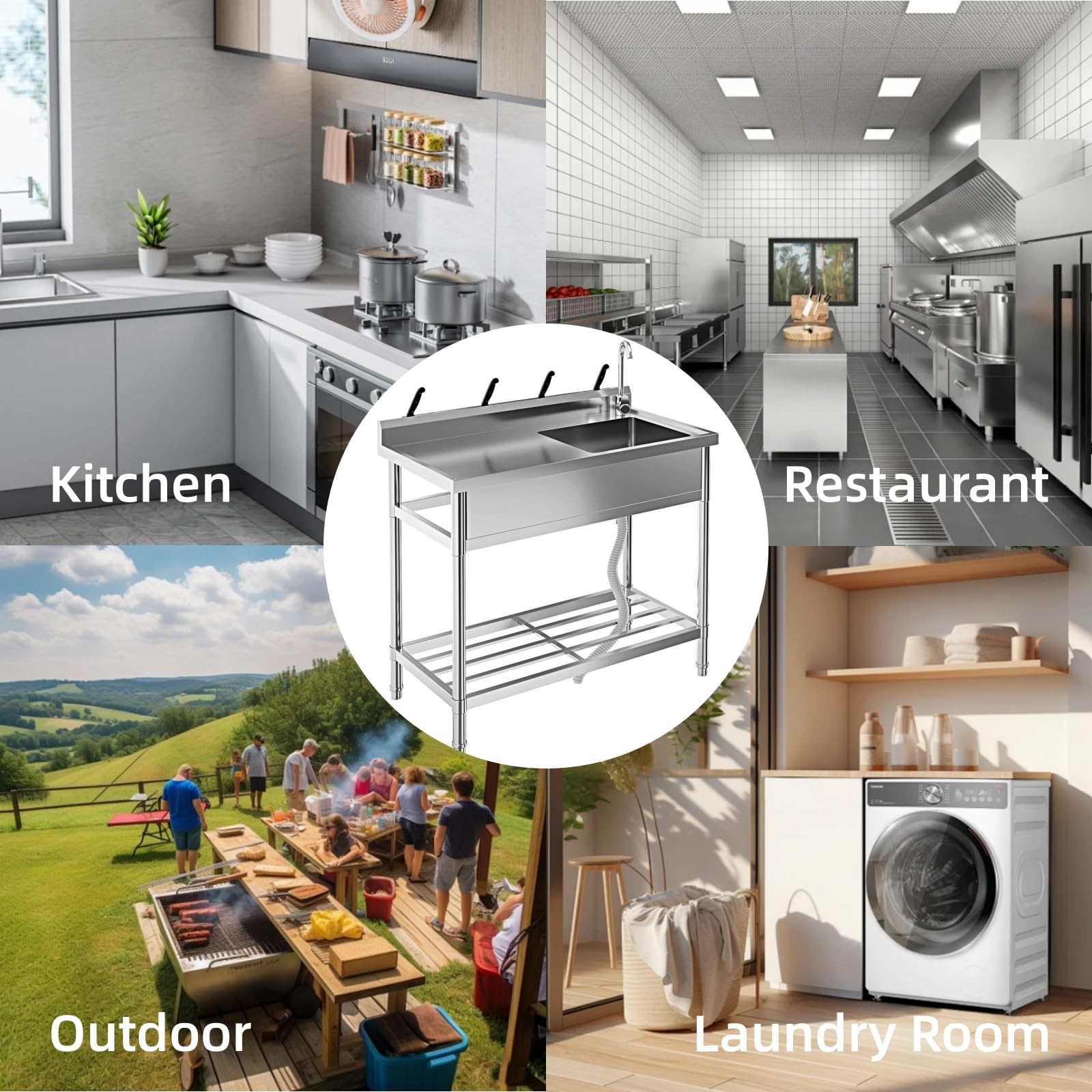 Lavello multiuso Garvee in acciaio inox da 39" con vasca singola indipendente e scolapiatti per cucina e giardino, rubinetto girevole a 360°, antiruggine, argento