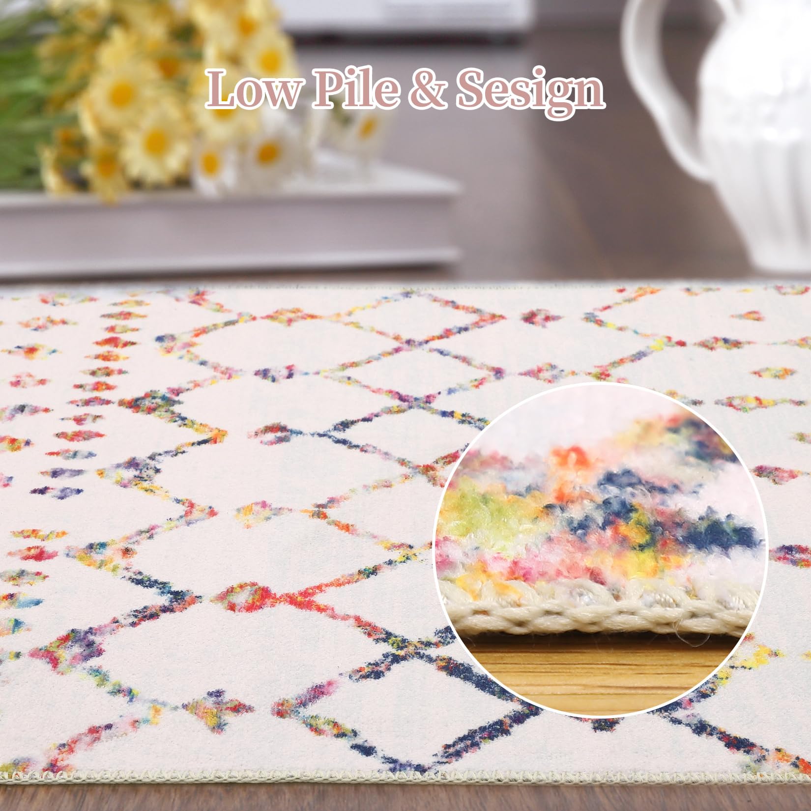 Tappeto Boho GARVEE, pelo corto, 120x170 cm, antiscivolo, geometrico, multicolore, per soggiorno e camera da letto