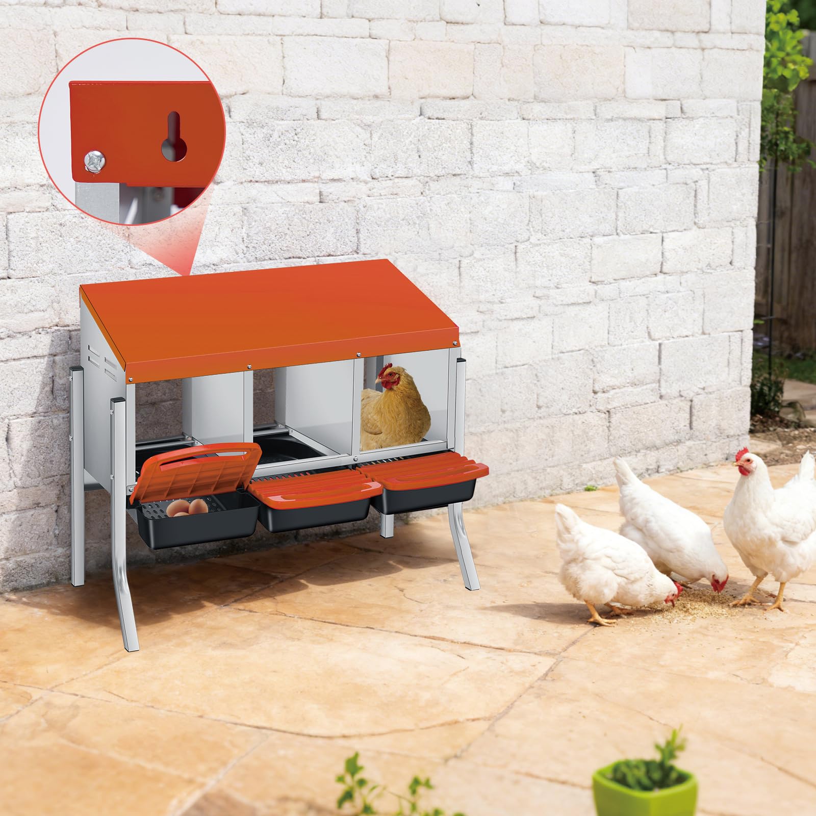 Nido per galline Garvee a 3 fori, in metallo con vassoio rimovibile, per cortile e giardino, antiruggine, facile da pulire