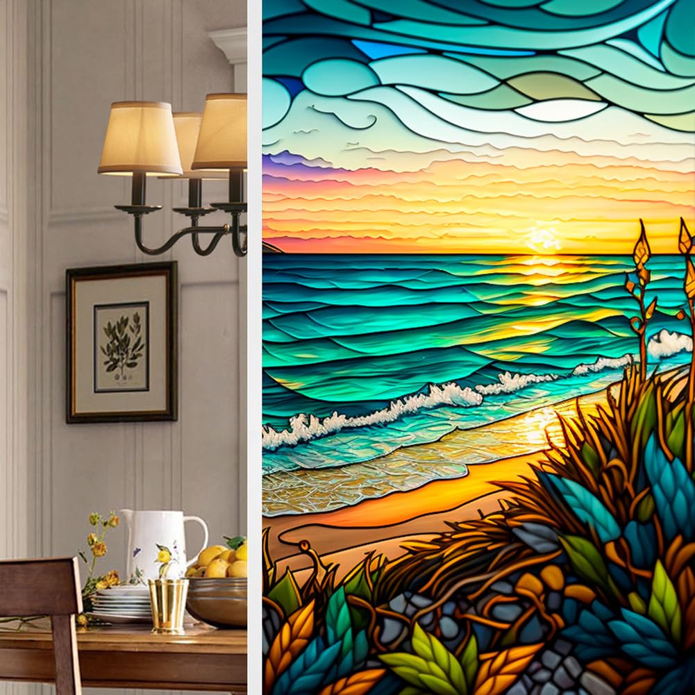 Pellicola per finestre in PVC Garvee con motivo tramonto sul mare, 45x100 cm, colorata, non adesiva, riutilizzabile, per soggiorno e ufficio