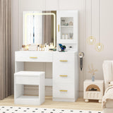 Garvee Tavolo Trucco Moderno con Specchio LED 3 Colori, 4 Cassetti, Porta Asciugacapelli, Sgabello, Presa Integrata, Bianco, 94x40x140 cm, Perfetto per Camera da Letto - Bianco