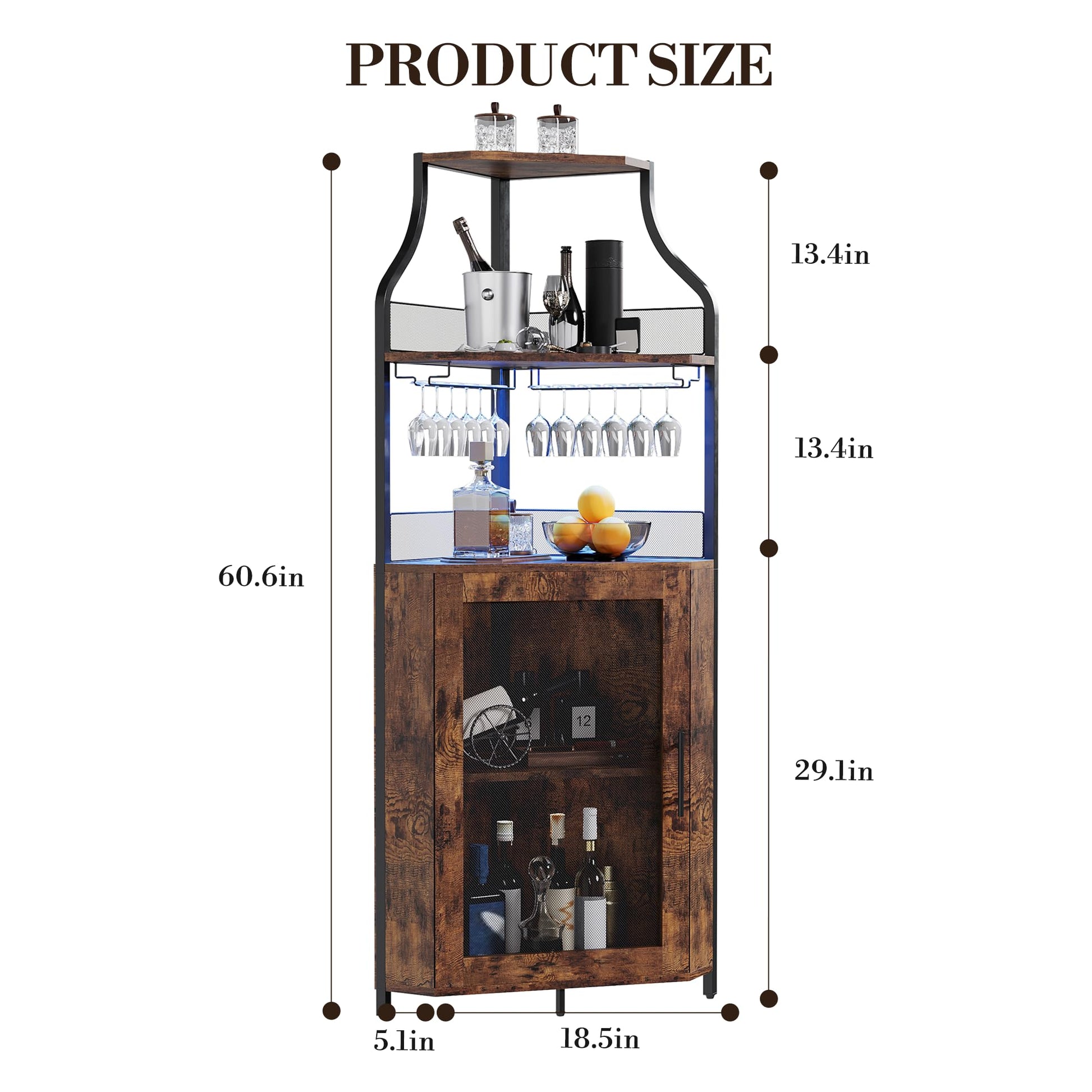 Mobile bar angolare Garvee per liquori con ripiani regolabili, 61 pollici, stile industriale, MDF e metallo, porta a rete, porta bicchieri, indipendente, cucina e soggiorno