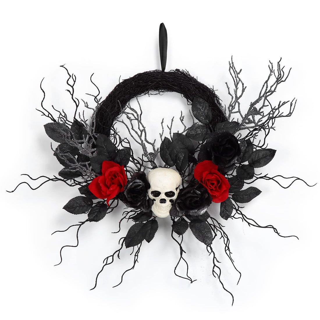 Ghirlanda per porta a forma di teschio di Halloween Garvee da 20 pollici - Ghirlanda gotica in salice con scheletro e rose nere per interni ed esterni coperti, nera