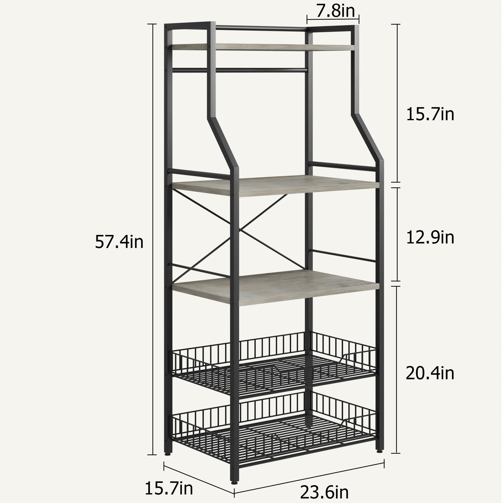 Scaffale da cucina Garvee con 5 ripiani, 2 cestelli in filo metallico, supporto da bar industriale per caffè, MDF e acciaio, 8 ganci, grigio rustico, multifunzionale per cucina