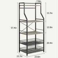 Scaffale da cucina Garvee con 5 ripiani, 2 cestelli in filo metallico, supporto da bar industriale per caffè, MDF e acciaio, 8 ganci, grigio rustico, multifunzionale per cucina