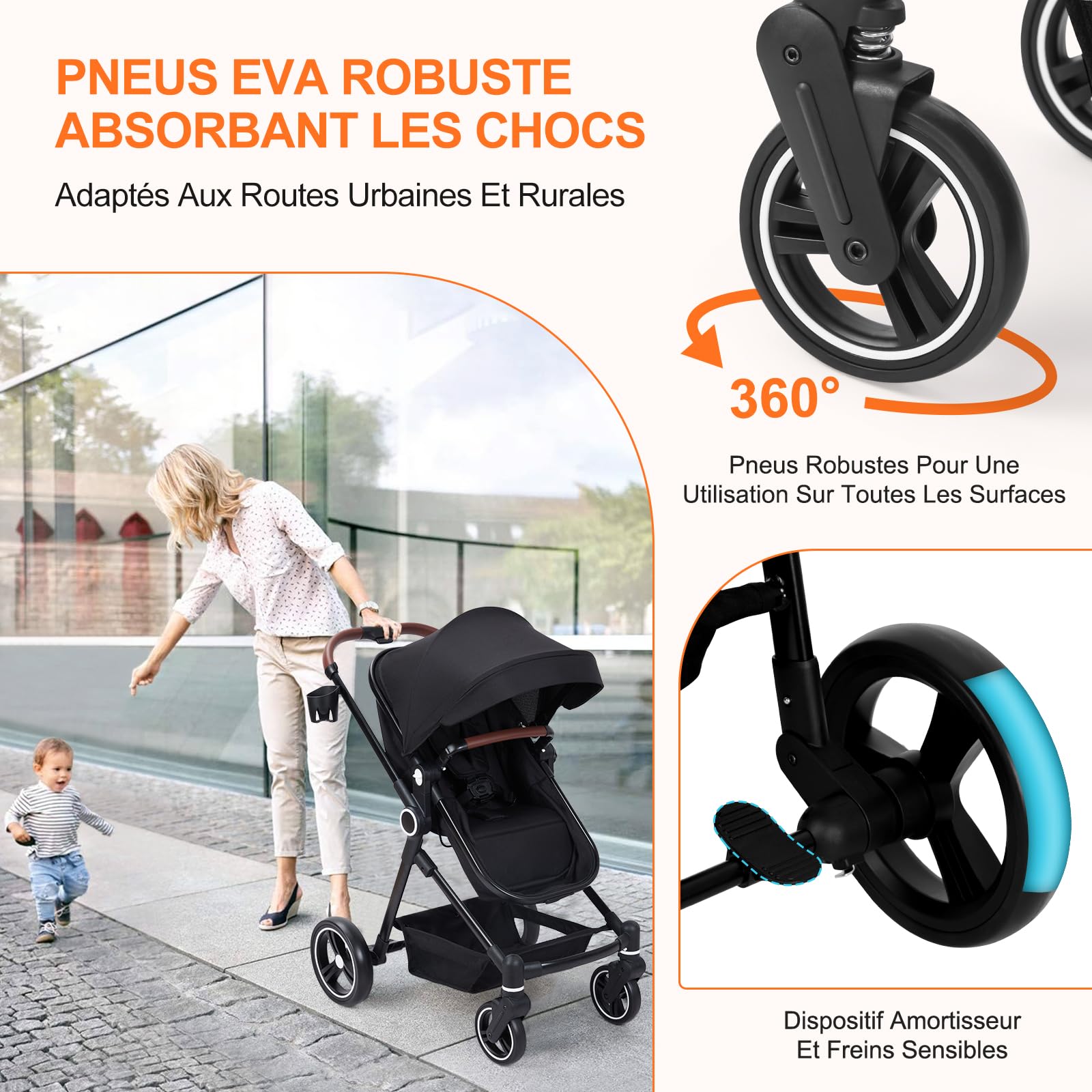 Garvee Cochecito Baby 2 en 1 Ultracompactta Ligero Reversible Aluminio Negro Para Recién Nacido Hasta 3 Años Paseos Urbanos