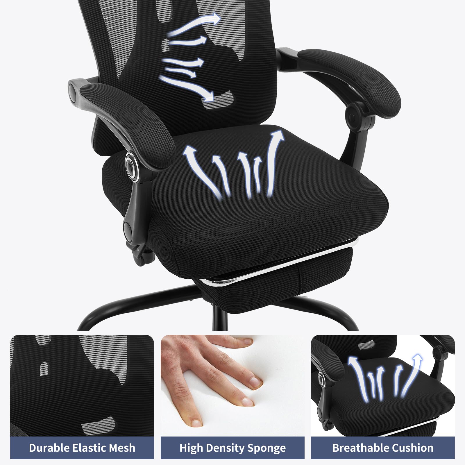 Sedia da ufficio ergonomica Garvee con supporto lombare regolabile, poggiapiedi, rete traspirante per ufficio e gaming, regolabile, nera