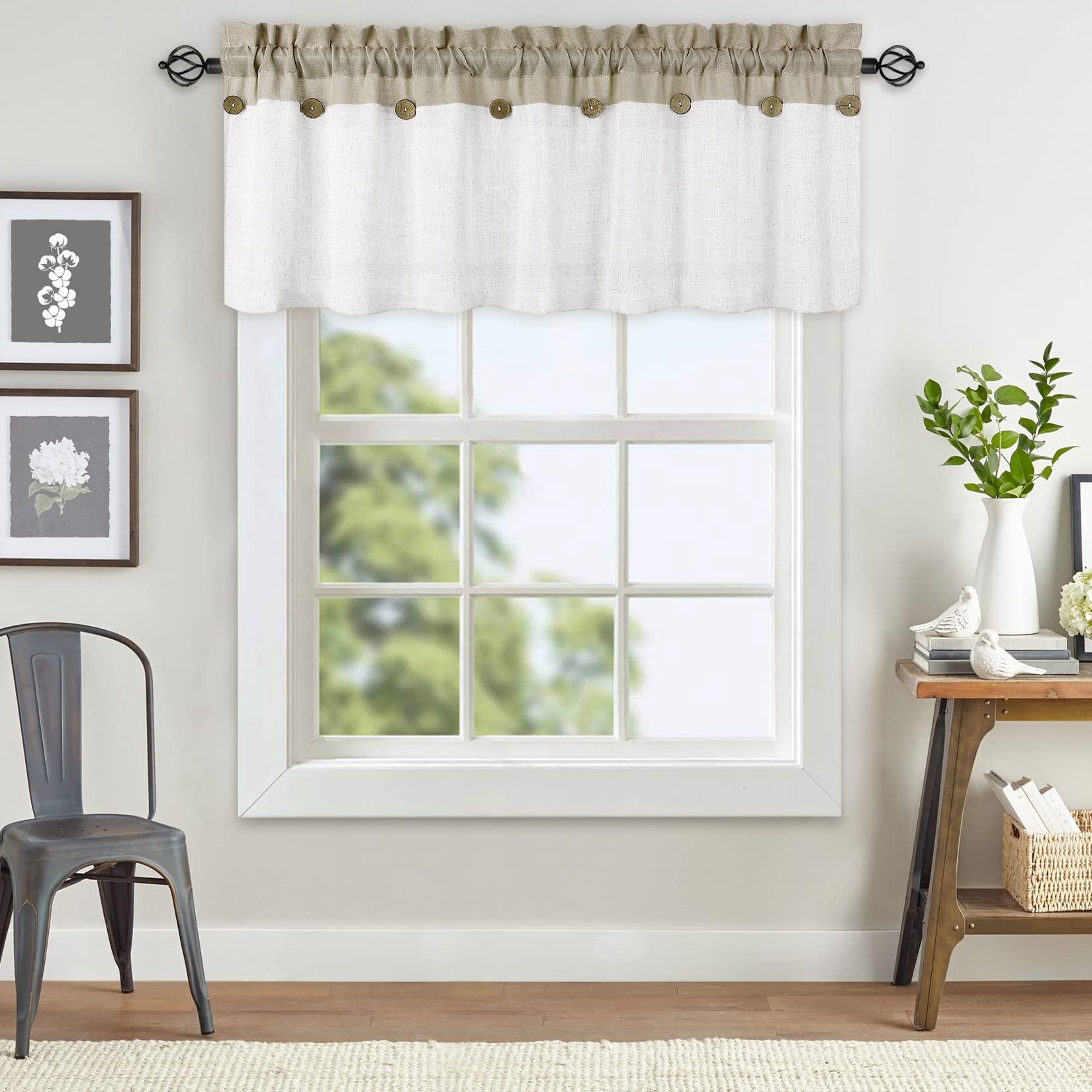 Tenda corta Garvee Vitrage Window Patchwork con bottoni decorativi, semitrasparente, beige, 132x38 cm, per cucina