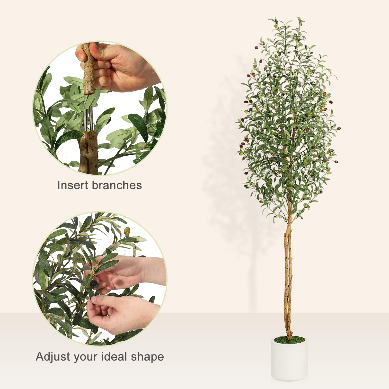 Albero di ulivo artificiale Garvee da 2,1 m con 2 tronchi di legno, 1152 foglie di seta, vaso in cemento bianco, decorazione per soggiorno, rami regolabili, verde realistico