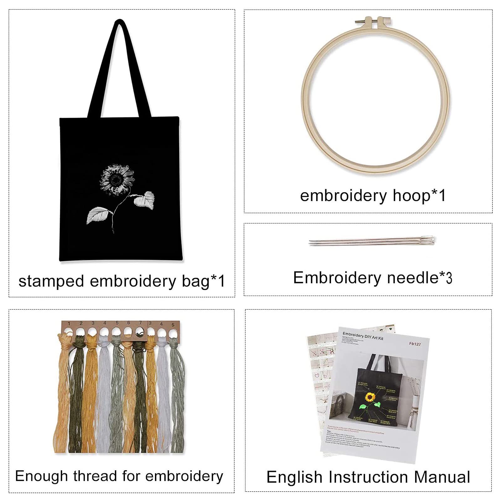 Kit di avviamento per ricamo Garvee, borsa tote con motivo floreale, fai da te per principianti, set completo in cotone, idea regalo