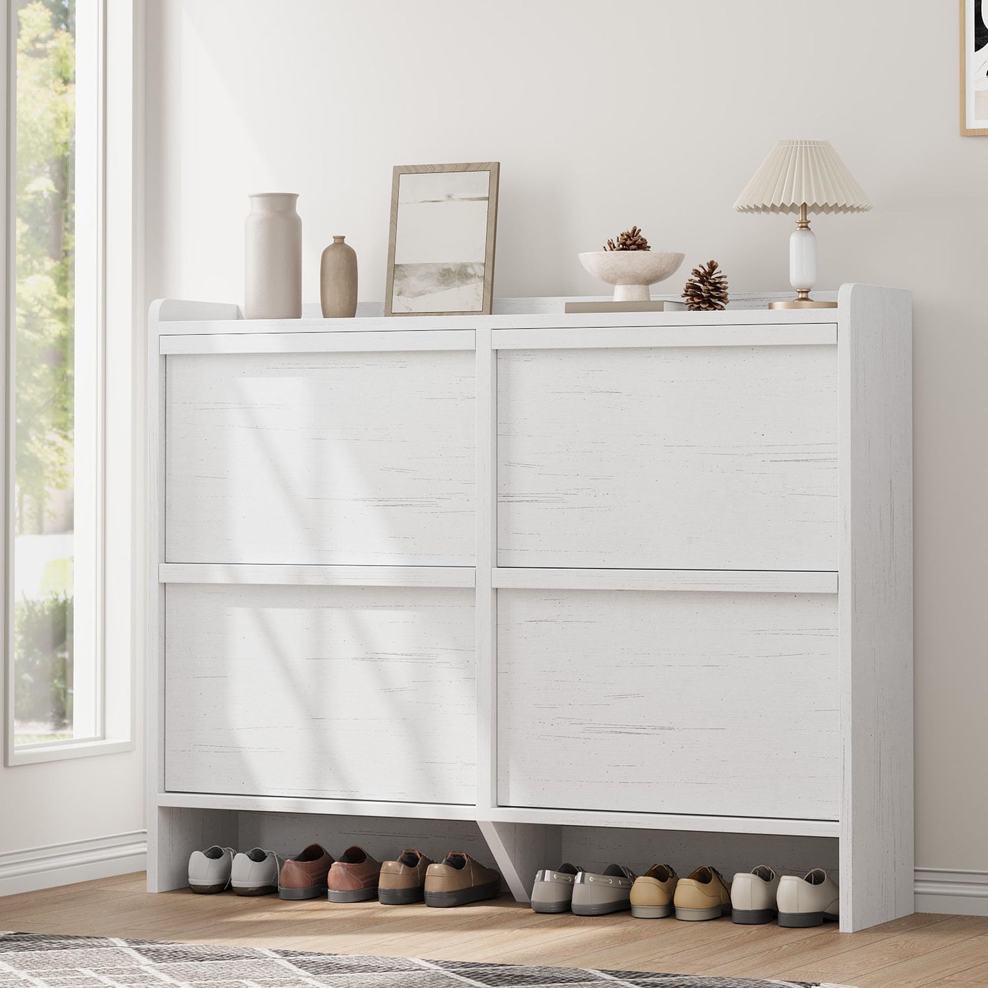 Garvee Mobile Porta Scarpe con 4 Cassetti Ribaltabili, Organizzatore in MDF Bianco per Ingresso e Soggiorno, Salvaspazio, 47.2"x10.3"x36.6"