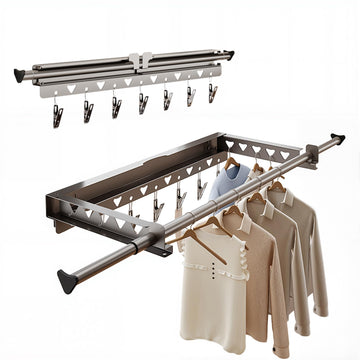 Stendibiancheria pieghevole da parete Garvee, in acciaio inox, salvaspazio, per balcone e terrazza, lunghezza telescopica 103,2–151,2 cm, grigio