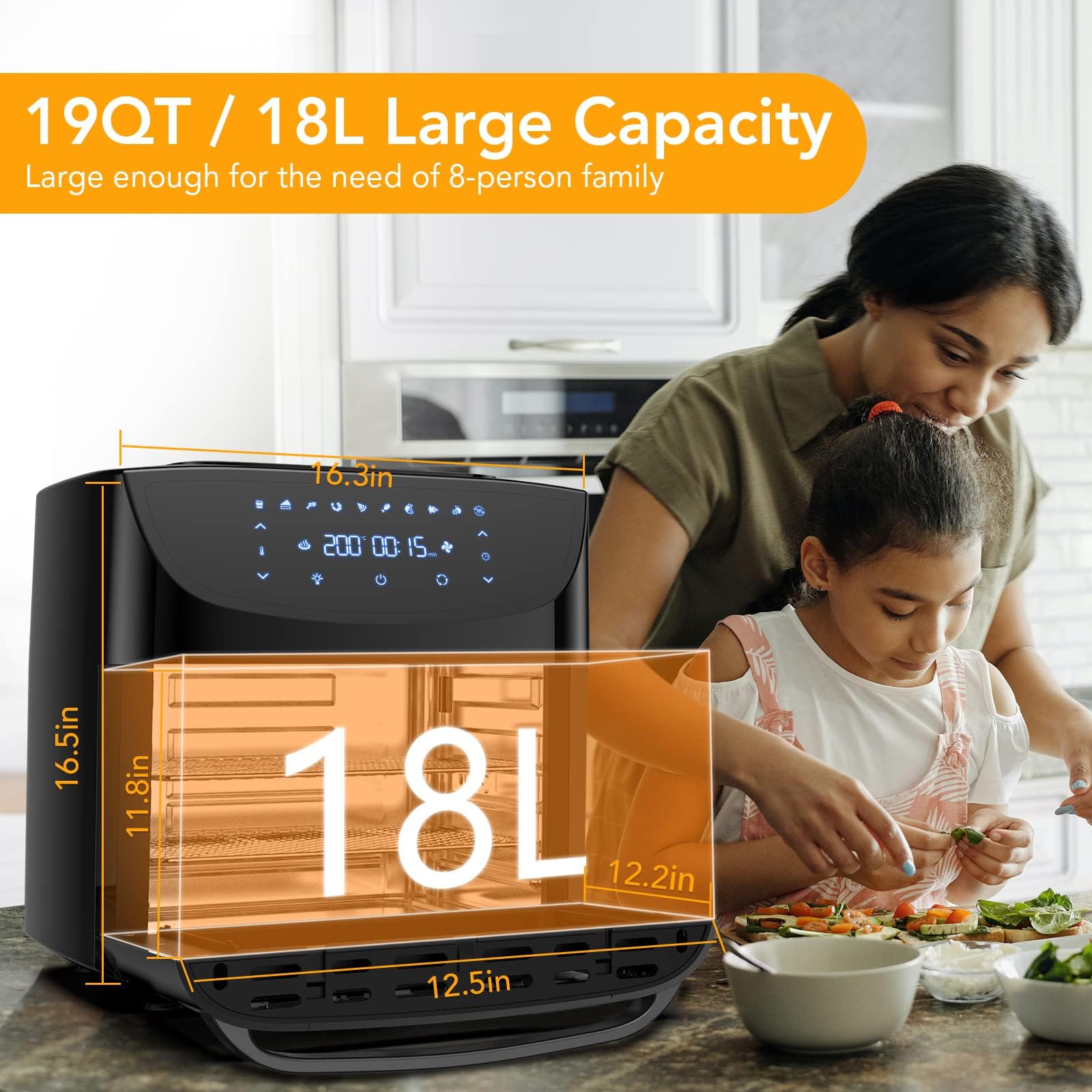 Friggitrice ad aria GARVEE XXL da 18 litri, friggitrice senza olio con finestra di visualizzazione, touchscreen LED, 10 programmi, 1800 W, controllo della temperatura regolabile, risultati di grigliatura eccellenti