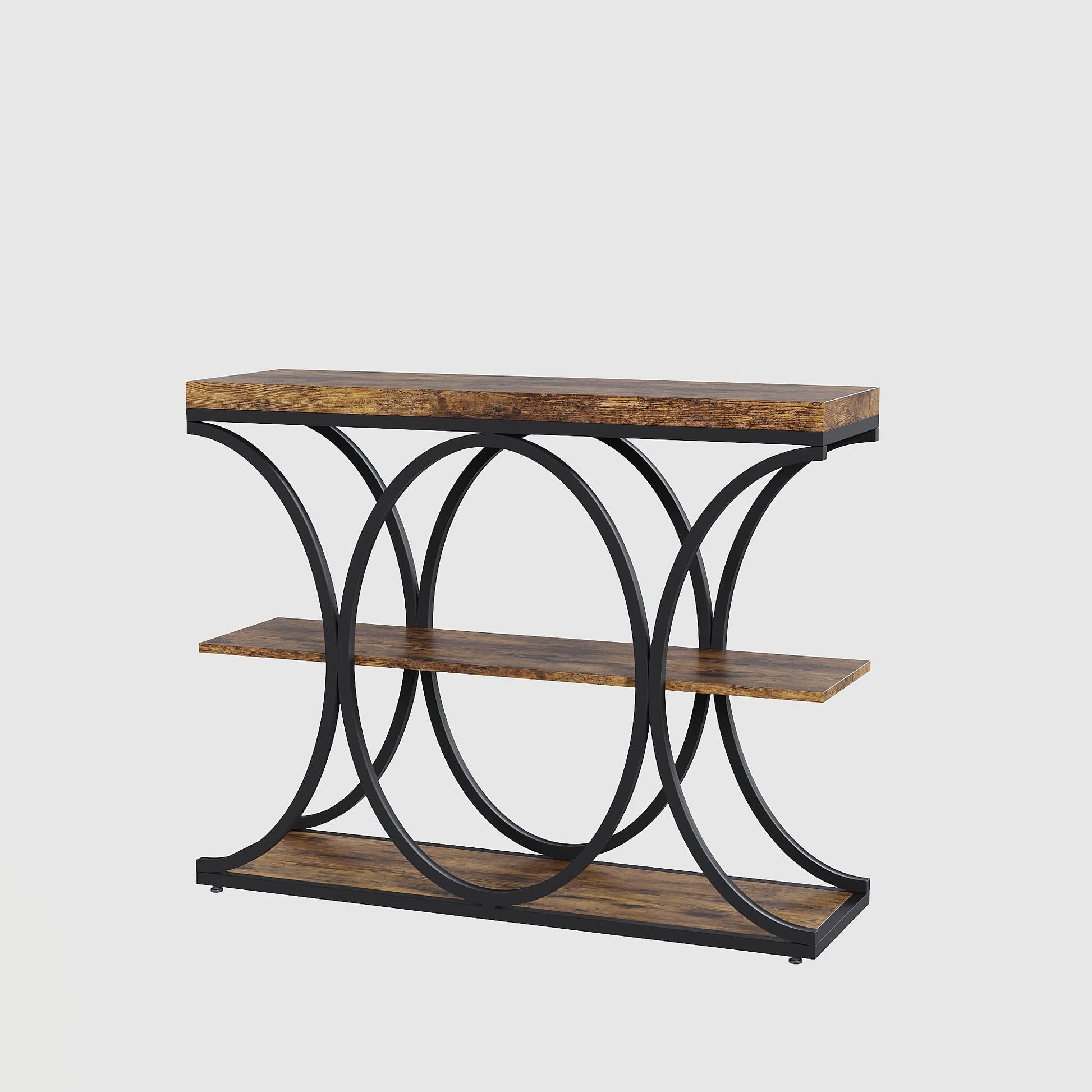 Tavolo da ingresso industriale Garvee da 39" con ripiani in legno a 3 livelli, struttura circolare in metallo, robusto per corridoio e soggiorno, profondità 11,8 pollici, nero