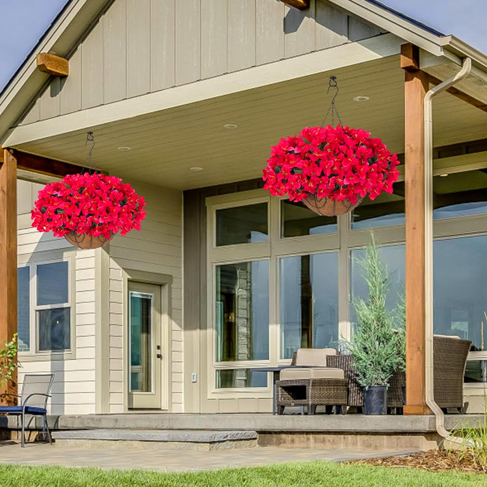 Garvee Set di fiori di bouganville artificiali con cesto per giardino e terrazza, resistenti alle intemperie e ai raggi UV, rosso e verde