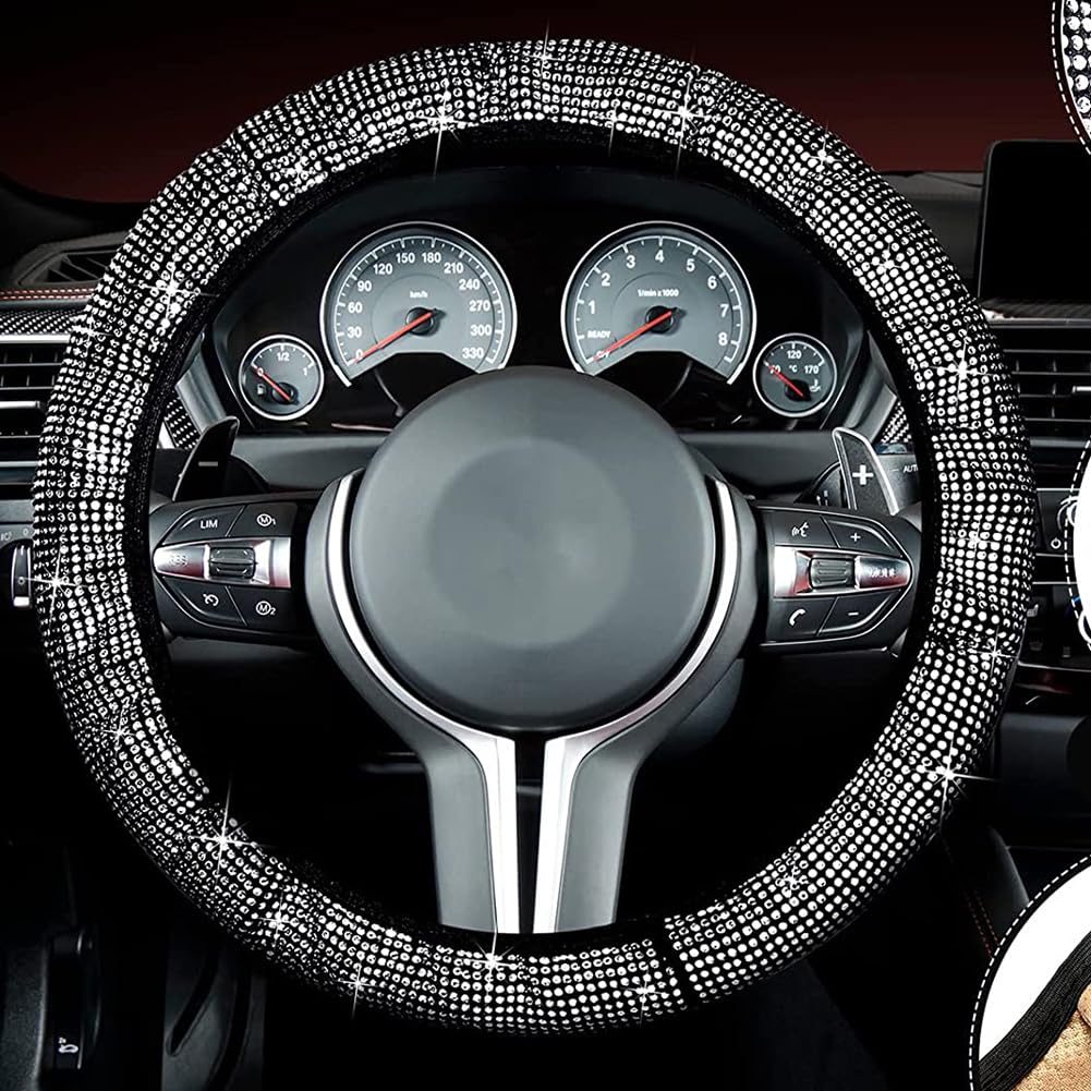 Garvee - Set di 15 coprisedili auto scintillanti per donna con coprivolante in cristallo, vellutati e traspiranti, universali, con console centrale, per uso quotidiano ed eventi