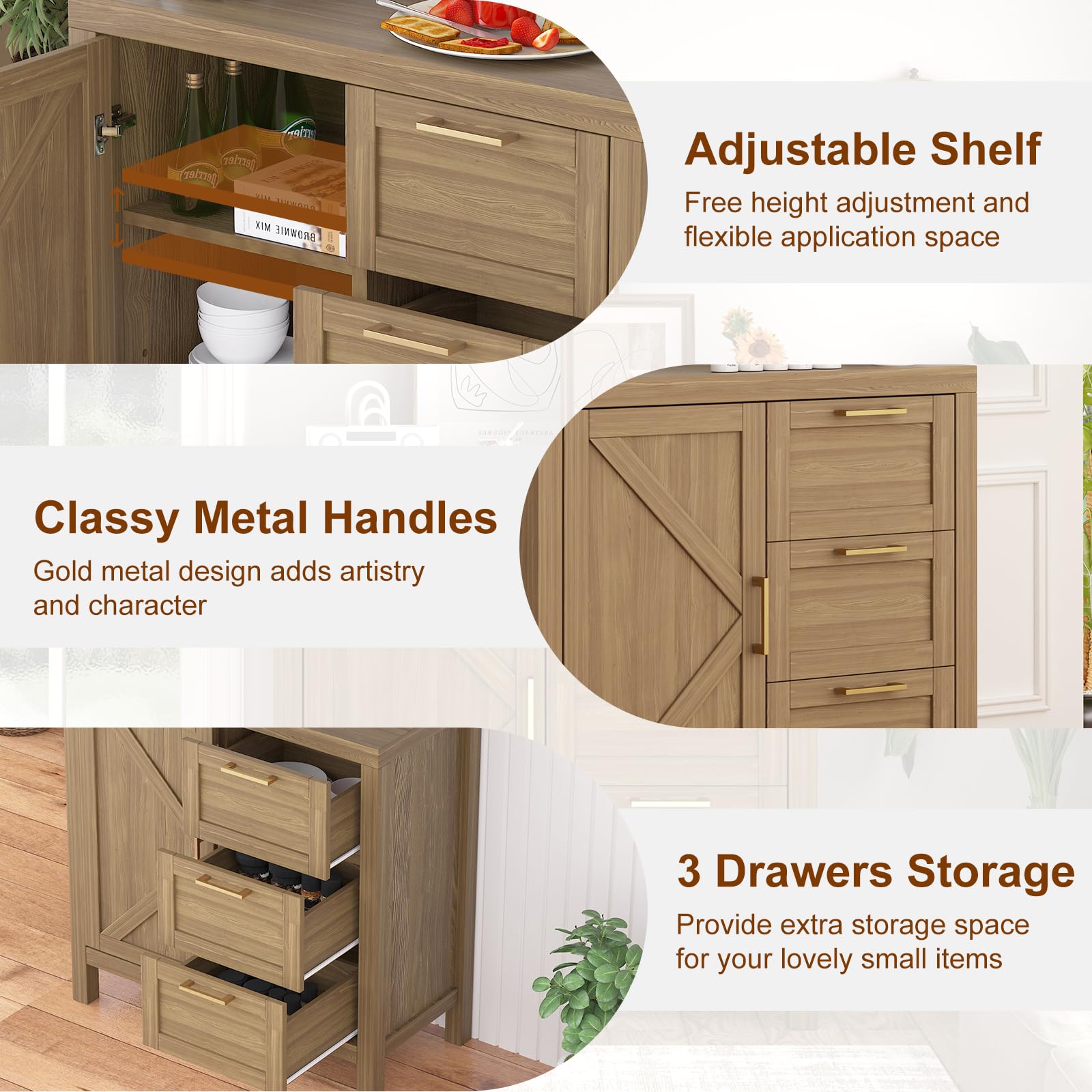 Credenza Garvee Buffet con spazio di archiviazione, ripiani regolabili, MDF e legno massello, soggiorno e cucina, stile country moderno, colore oro