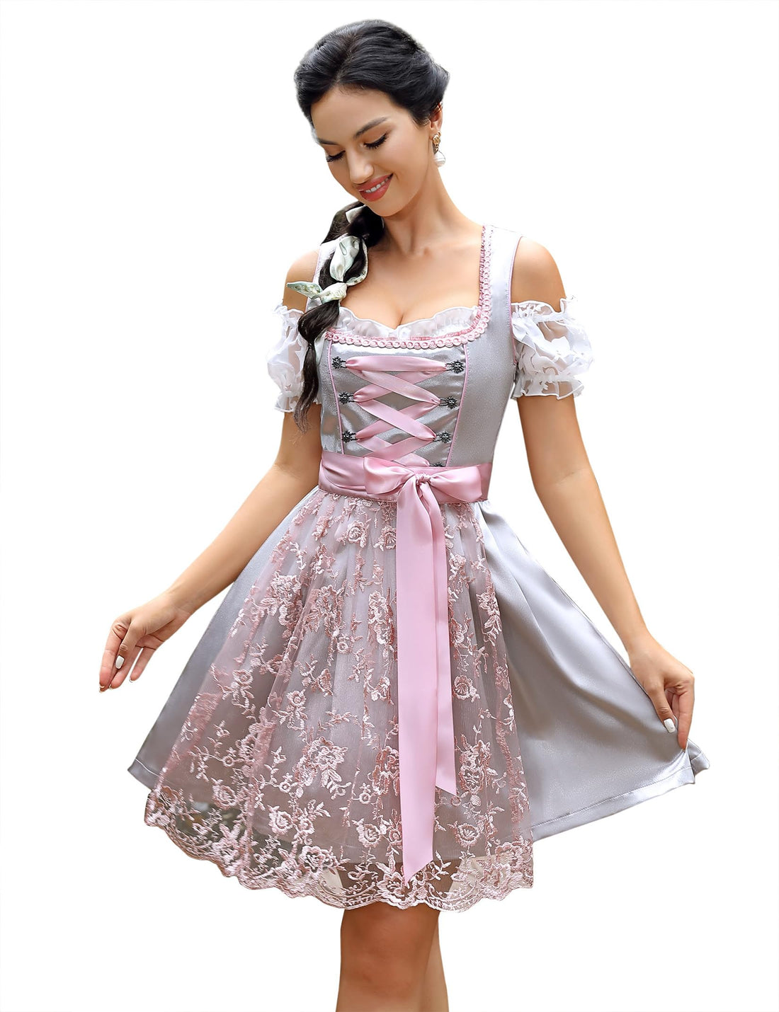 Garvee - Set Dirndl da donna, 3 pezzi, abito tradizionale corto midi con grembiule Dirndl e camicetta Dirndl per l'Oktoberfest, grigio, taglia 40