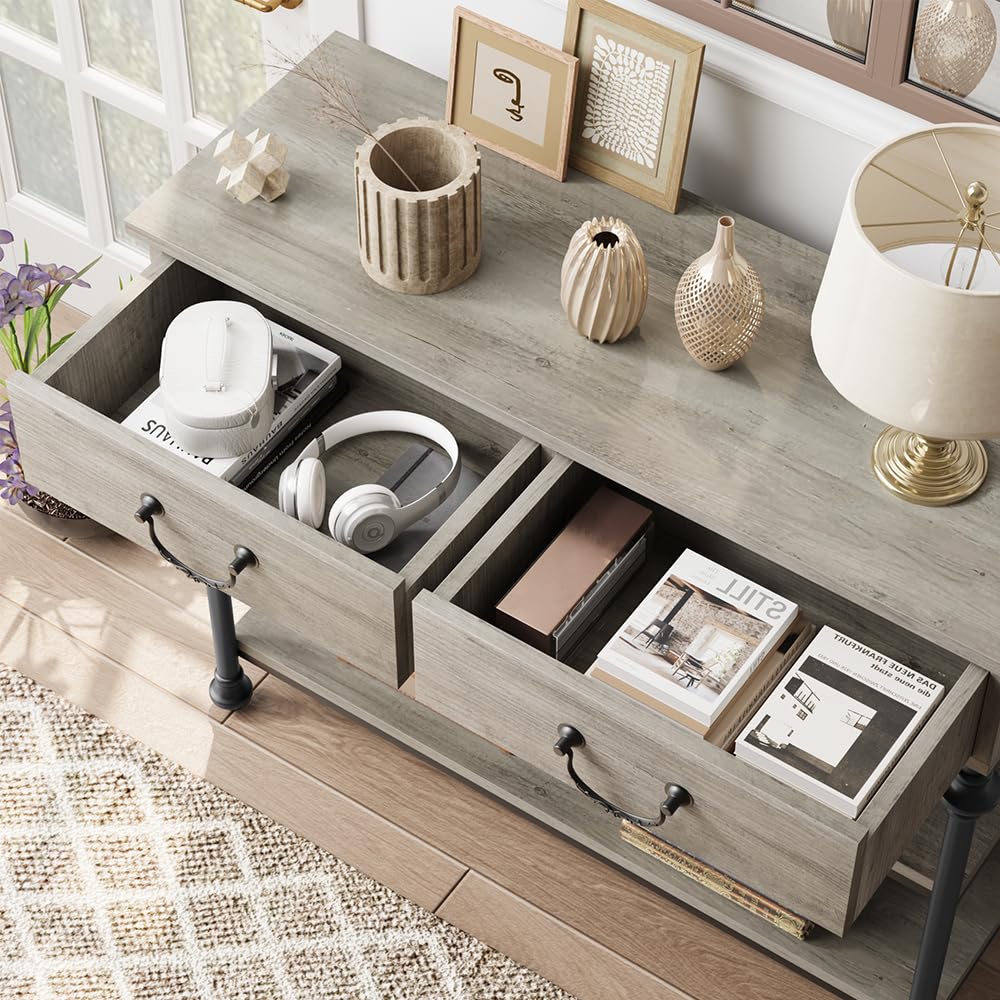 Tavolino consolle Garvee piccolo con 2 cassetti, struttura in metallo, grigio rustico, per corridoio e soggiorno, piedini regolabili, 39,4" L x 11,8" P x 31,5" H