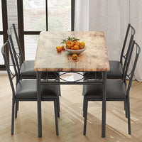 Set da pranzo Garvee per 4 persone con tavolo rettangolare in legno e sedie imbottite, struttura in metallo, marrone retrò, salvaspazio per appartamenti