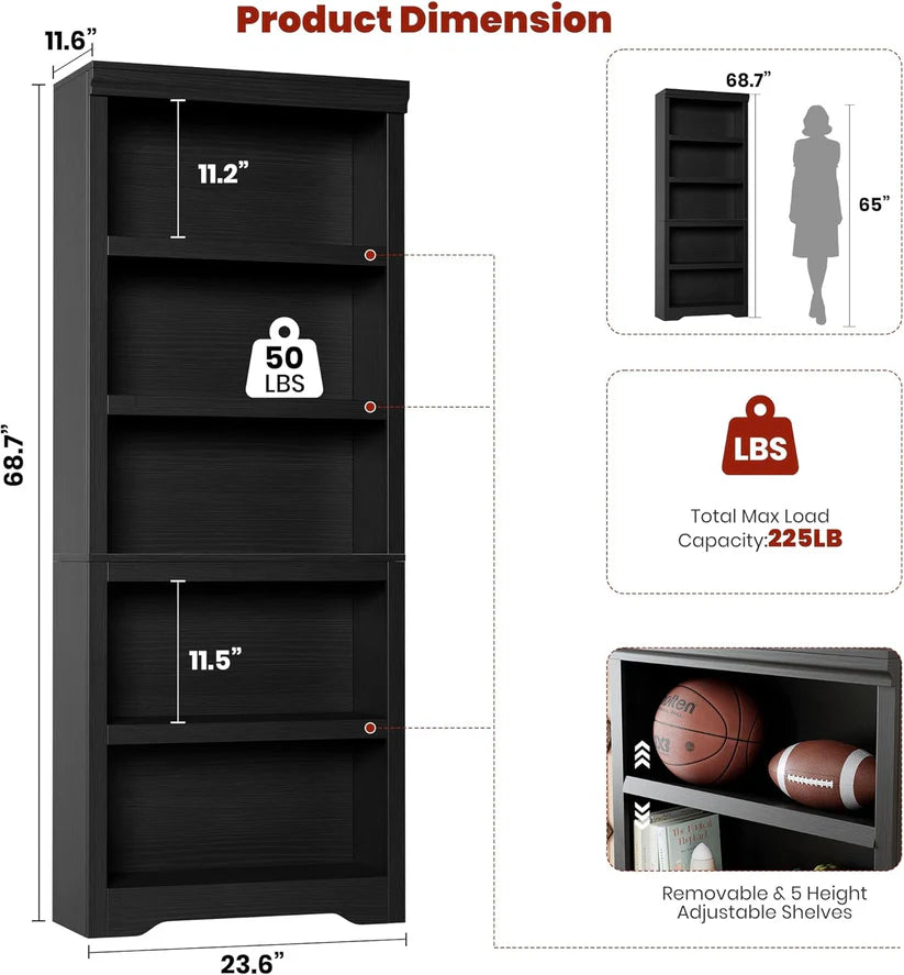 Garvee Libreria a 5 Ripiani Regolabile Antiscivolo MDF Robusto Nero per Soggiorno e Ufficio 175 cm Alta