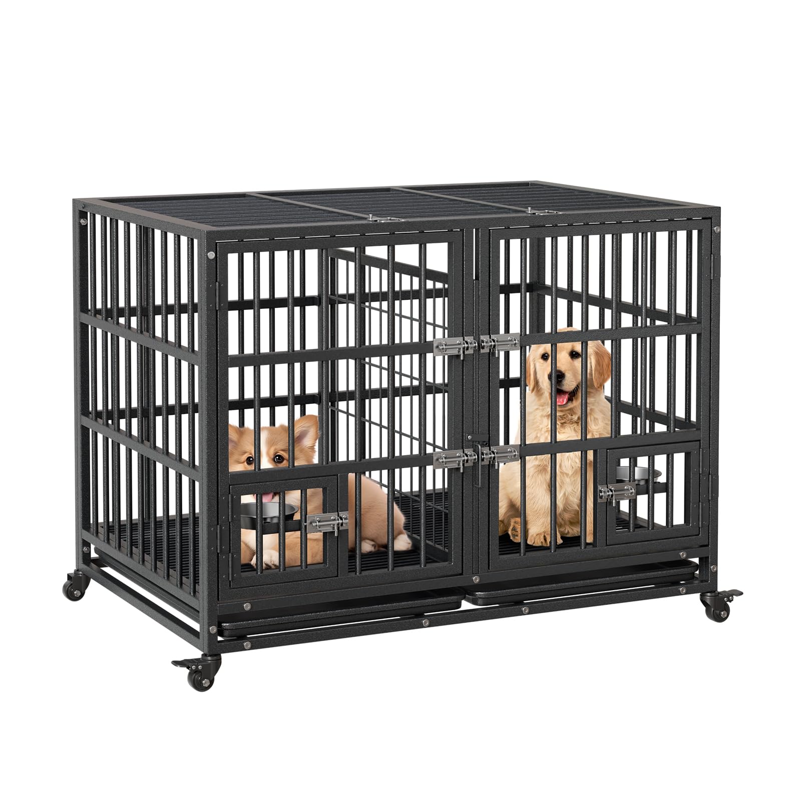 Garvee Heavy Duty Dog Crate da 42 pollici con doppia porta, ruote girevoli a 360°, struttura in metallo, vassoio rimovibile, divisorio, uso interno per cani di piccola e grande taglia, nero