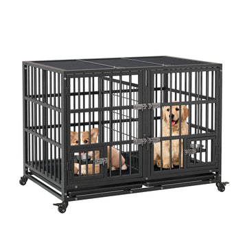 Garvee Heavy Duty Dog Crate da 42 pollici con doppia porta, ruote girevoli a 360°, struttura in metallo, vassoio rimovibile, divisorio, uso interno per cani di piccola e grande taglia, nero