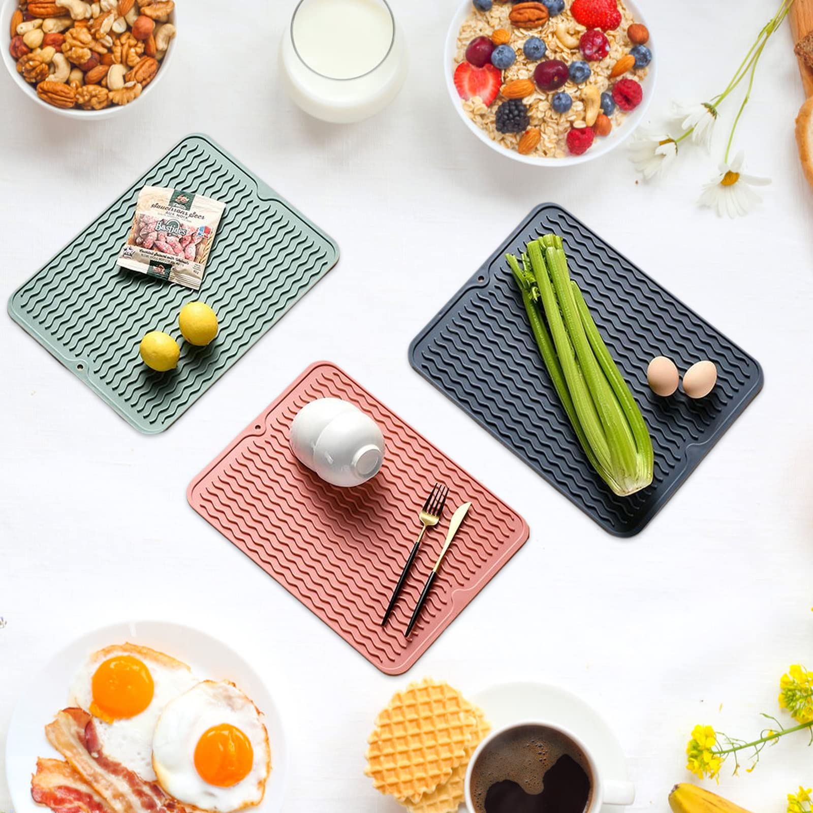 Tappetino drenante in silicone Garvee – Resistente al calore, antiscivolo, bifacciale con foro di scarico per cucina, lavello e uso quotidiano