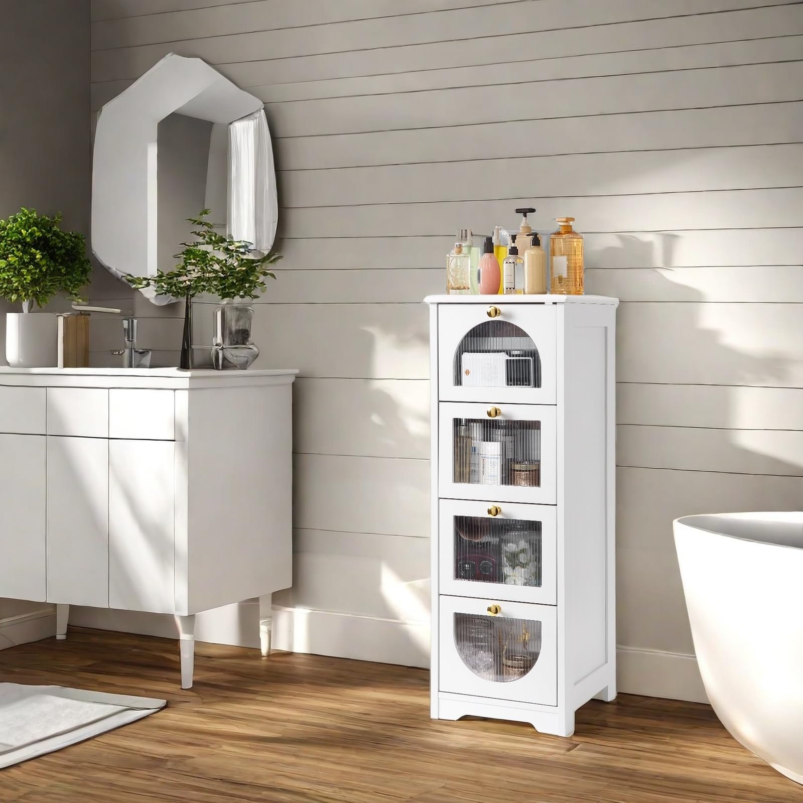 Mobiletto da bagno Garvee con 4 cassetti, impermeabile, legno bianco, maniglie dorate, compatto per bagno e soggiorno, 11,8x11,8x33,1 pollici