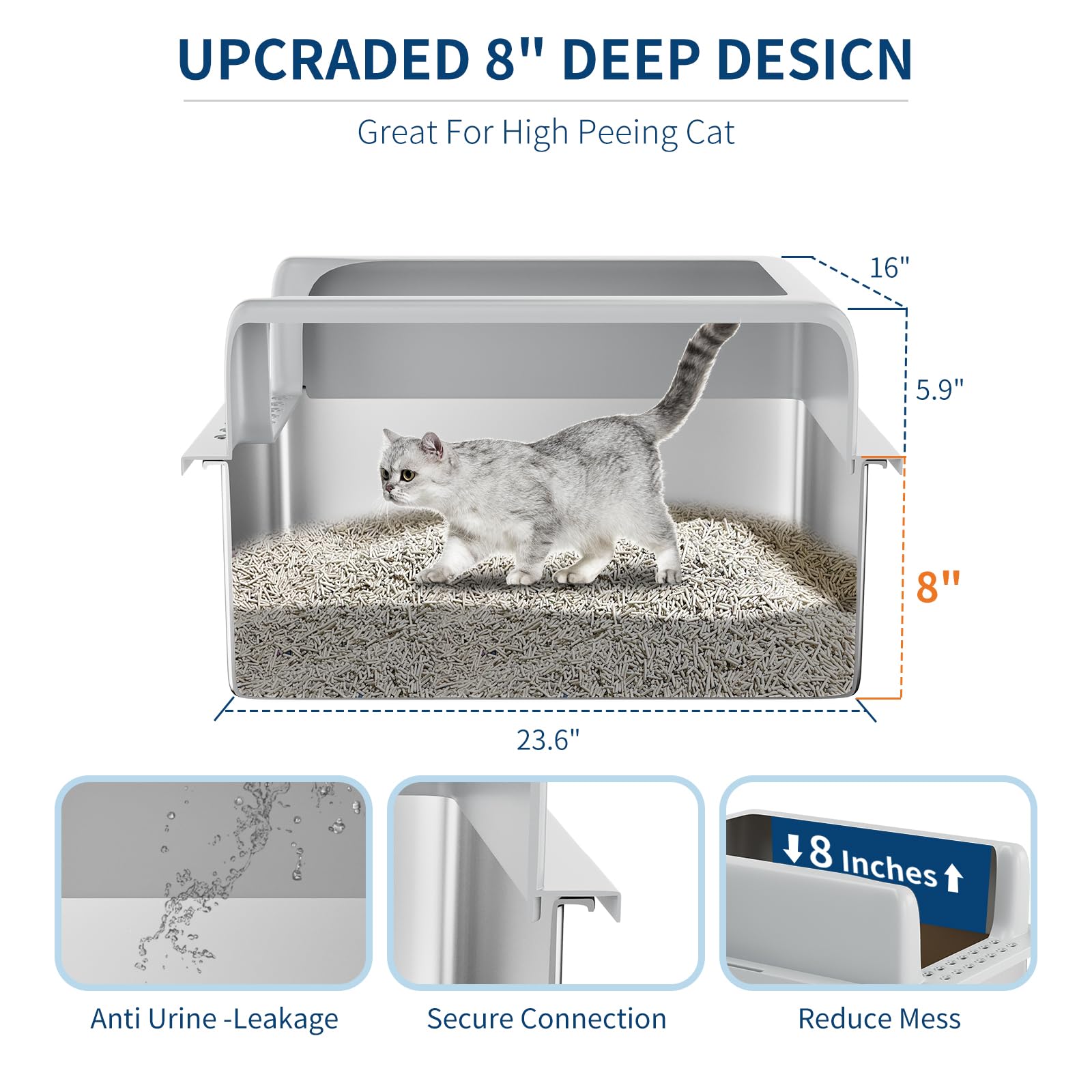 Lettiera per gatti Garvee XXL in acciaio inossidabile con bordo alto e paletta per gatti di grandi dimensioni e famiglie con più gatti, 23,6"x16", argento
