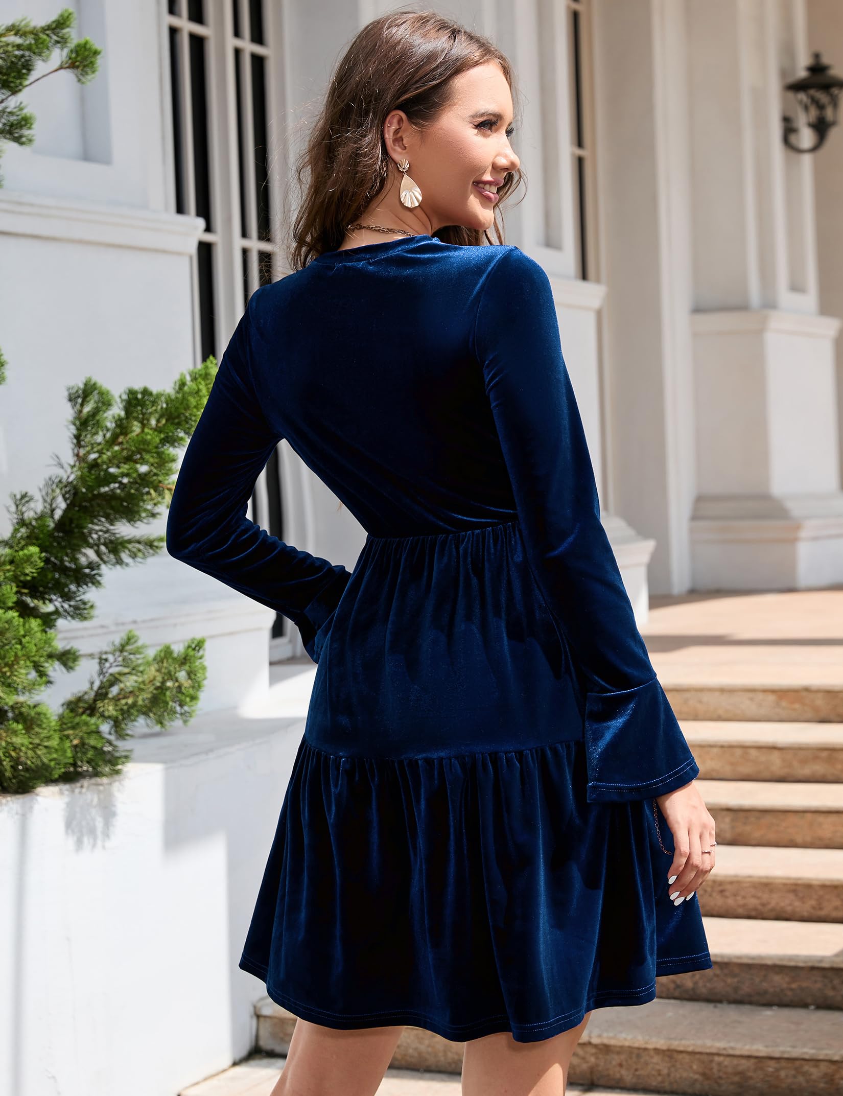 Garvee - Elegante abito invernale in velluto da donna, manica lunga, scollo rotondo, mini abito con volant, blu scuro, XL