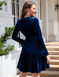 Garvee - Elegante abito invernale in velluto da donna, manica lunga, scollo rotondo, mini abito con volant, blu scuro, XL
